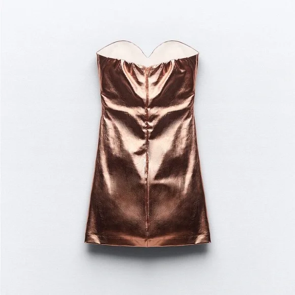 Zara NWT rose gold metallic sweetheart ruched faux leather patent mini dress - Picture 4 of 12